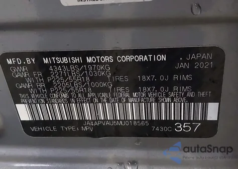 2021 Mitsubishi Outlander Sport 2.0 Se 2Wd z USA, uszkodzony, nr VIN JA4APVAU5MU018565